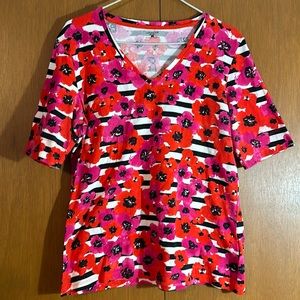Jones New York Sport Tee.Size Lg. Pink& red peonies over black and white stripes